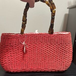 Talbots Coral Red Woven Satchel with Brown Tortoiseshell Handles